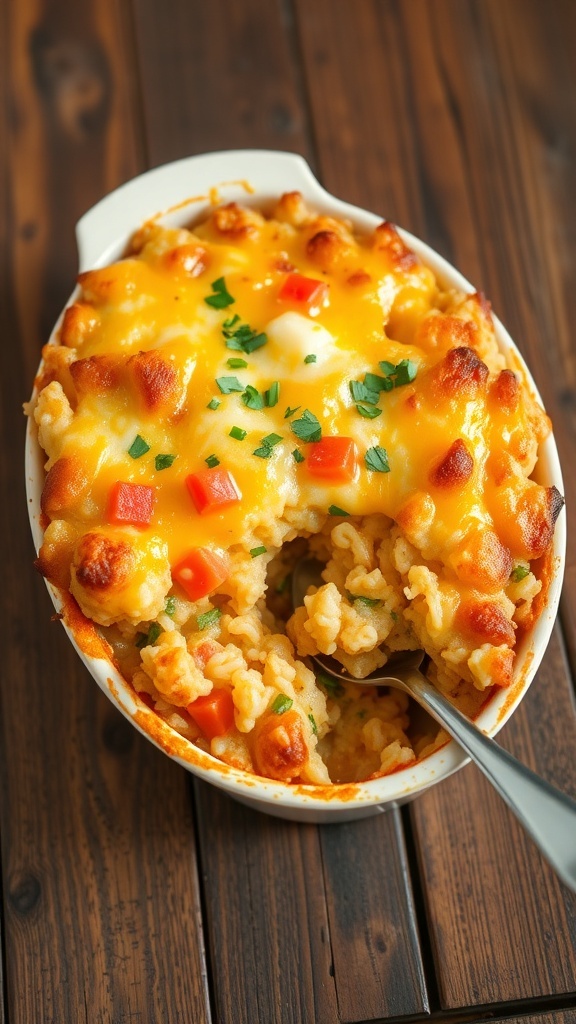 Cheesy Rice Casserole for Two Cheesy rice casserole with vegetables in a baking dish, served on a wooden table.